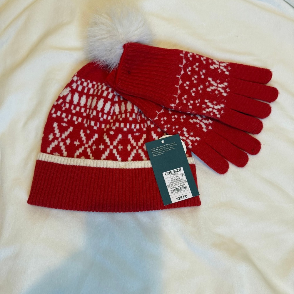 Universal Thread Women Red White Fair Isle Beanie and Gloves Set Faux Fur Pom